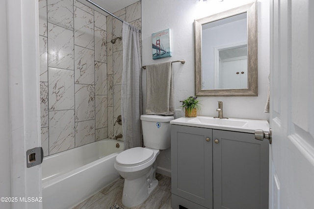 1435 E Grant Rd, Tucson, AZ 85719 - full bathroom featuring vanity, shower / bath combo with shower curtain, and marble finish flooring