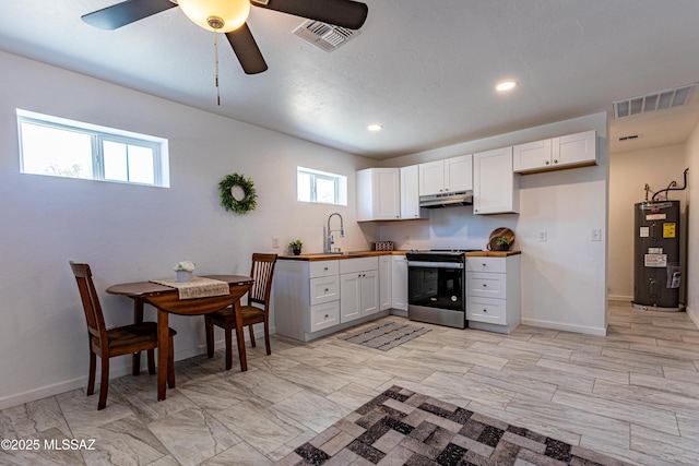 1435 E Grant Rd, Tucson, AZ 85719 - kitchen with water heater, stainless steel range with electric stovetop, under cabinet range hood, wood counters, and white cabinets