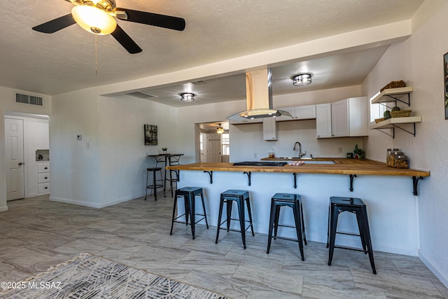 1435 E Grant Rd, Tucson, AZ 85719 - kitchen featuring butcher block counters, a ceiling fan, and a kitchen breakfast bar
