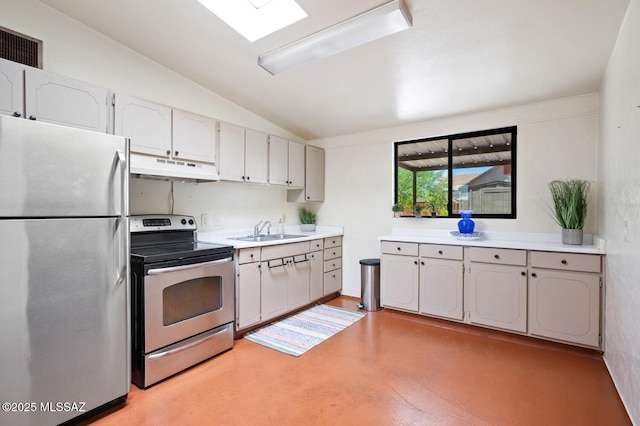 4009 N Fontana Ave, Tucson, AZ 85705 - kitchen with appliances with stainless steel finishes, under cabinet range hood, lofted ceiling, light countertops, and finished concrete floors