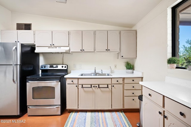 4009 N Fontana Ave, Tucson, AZ 85705 - kitchen with stainless steel appliances, under cabinet range hood, lofted ceiling, and light countertops