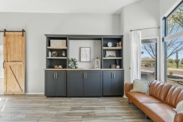 7705 W Taltson Dr, Tucson, AZ 85743 - living area with wood finish floors and a barn door