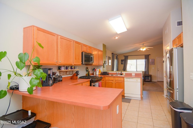 9495 N Winter Wren Ave, Tucson, AZ 85742 - kitchen featuring appliances with stainless steel finishes, a peninsula, a ceiling fan, lofted ceiling, and light tile patterned floors