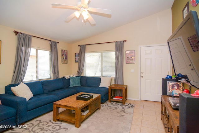9495 N Winter Wren Ave, Tucson, AZ 85742 - living area with lofted ceiling, ceiling fan, plenty of natural light, and light tile patterned floors