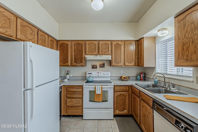 9453 E Calle Bolivar, Tucson, AZ 85715 - kitchen with white appliances, under cabinet range hood, light countertops, and brown cabinetry