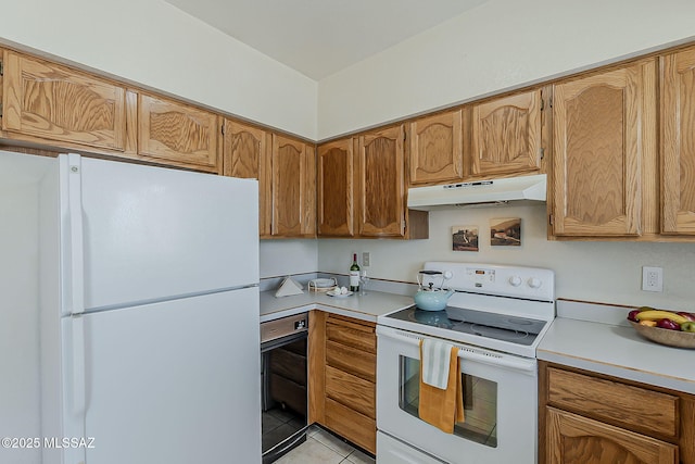 9453 E Calle Bolivar, Tucson, AZ 85715 - kitchen featuring white appliances, under cabinet range hood, light countertops, and light tile patterned floors