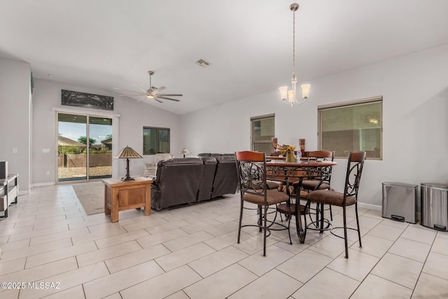 276 W Charles L Mckay St, Vail, AZ 85641 - dining area featuring a ceiling fan, a chandelier, vaulted ceiling, and light tile patterned flooring