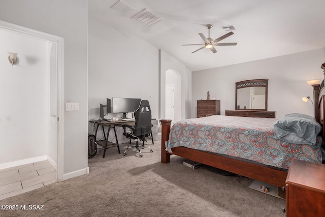 276 W Charles L Mckay St, Vail, AZ 85641 - carpeted bedroom with vaulted ceiling, a desk, arched walkways, and ceiling fan