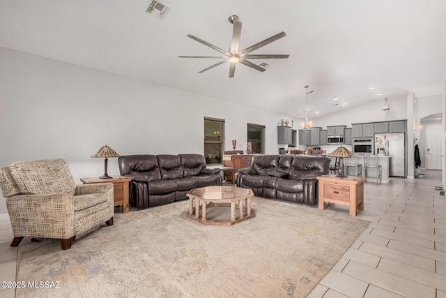 276 W Charles L Mckay St, Vail, AZ 85641 - living area with lofted ceiling, a ceiling fan, recessed lighting, a chandelier, and light tile patterned flooring