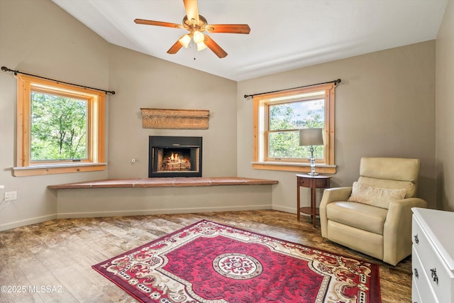 11101 E Miami St, Mount Lemmon, AZ 85619 - living area with vaulted ceiling, a lit fireplace, wood finished floors, and ceiling fan
