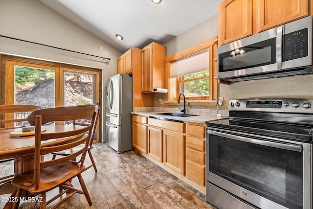 11101 E Miami St, Mount Lemmon, AZ 85619 - kitchen with appliances with stainless steel finishes, lofted ceiling, light countertops, recessed lighting, and light wood-style flooring