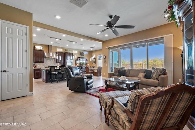 14326 Whitehorn Pl, Marana, AZ 85658 - living room with a ceiling fan, recessed lighting, and light tile patterned flooring