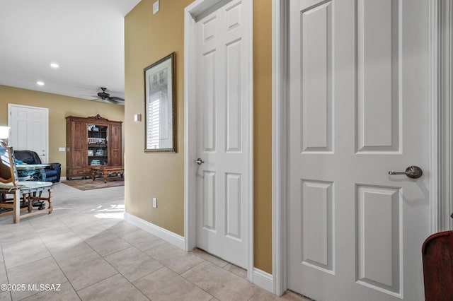 14326 Whitehorn Pl, Marana, AZ 85658 - entryway featuring light tile patterned flooring, ceiling fan, and recessed lighting