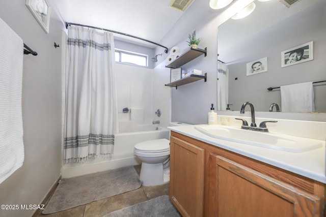 6976 Somerton Dr, Tucson, AZ 85743 - bathroom featuring shower / bathtub combination with curtain, vanity, and tile patterned floors