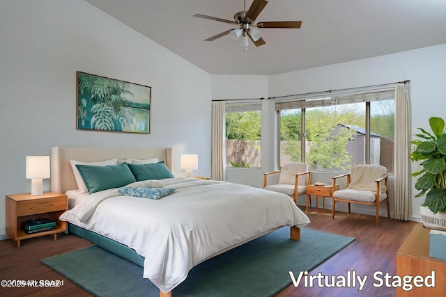 9438 N Weather Hill Dr, Tucson, AZ 85743 - bedroom featuring wood finished floors, high vaulted ceiling, and a ceiling fan