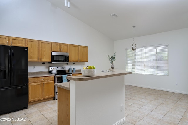 9438 N Weather Hill Dr, Tucson, AZ 85743 - kitchen with appliances with stainless steel finishes, high vaulted ceiling, light countertops, light tile patterned floors, and pendant lighting