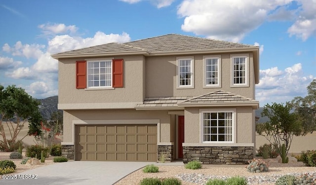 765 W Calle Las Varitas, Sahuarita, AZ 85629 - view of front of home featuring stone siding, stucco siding, a garage, and driveway