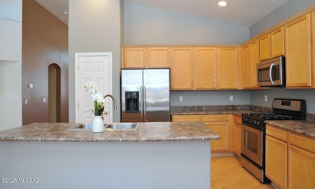 5553 W Carriage Dr, Tucson, AZ 85742 - kitchen featuring appliances with stainless steel finishes, high vaulted ceiling, arched walkways, light wood-style flooring, and light brown cabinetry