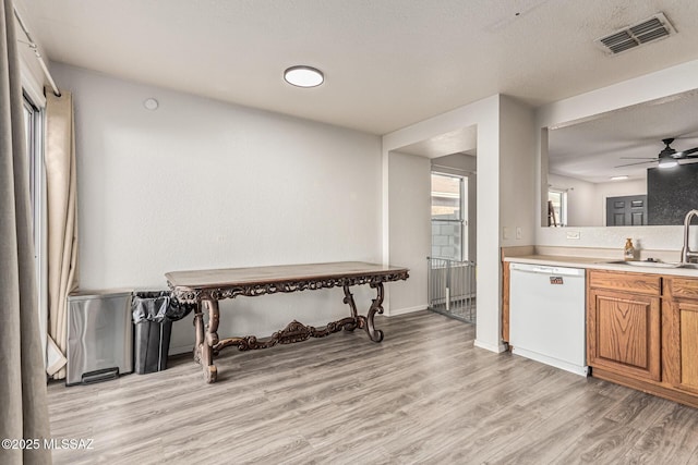 6293 S Sun View Way, Tucson, AZ 85706 - kitchen with dishwasher, brown cabinets, light wood finished floors, ceiling fan, and light countertops