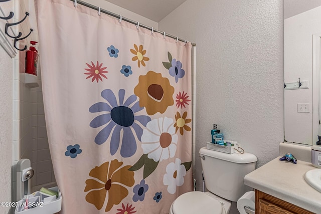 6293 S Sun View Way, Tucson, AZ 85706 - bathroom with vanity, a textured wall, and a shower with curtain