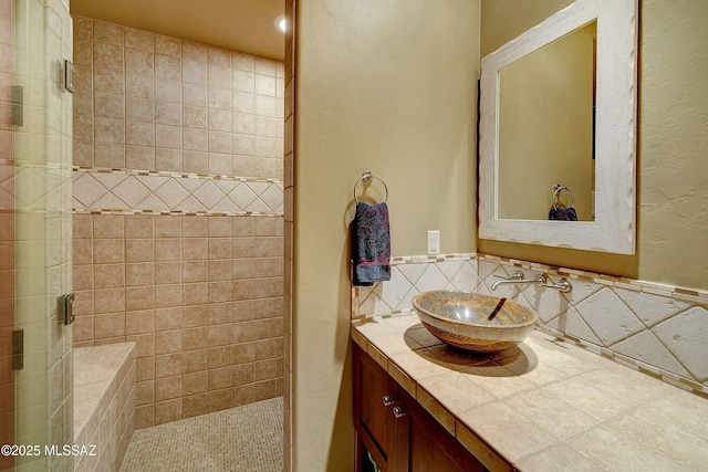 5254 W Saguaro Cliffs Dr, Tucson, AZ 85745 - full bath featuring a shower stall, vanity, and tile walls