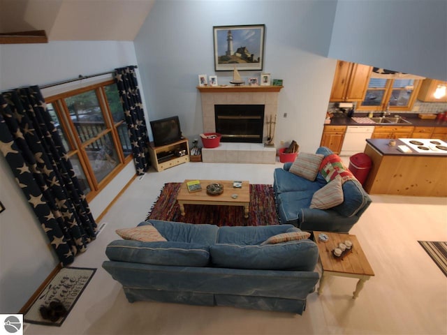 living room with a fireplace