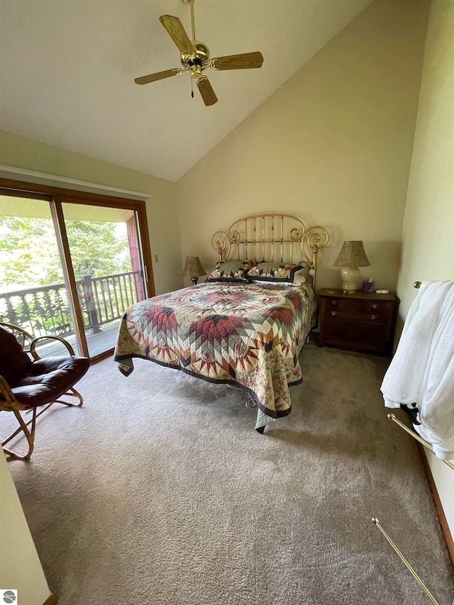 carpeted bedroom with ceiling fan, access to exterior, and high vaulted ceiling