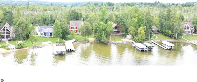 drone / aerial view with a water view