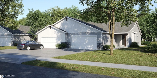 ranch-style house with a front yard and a garage