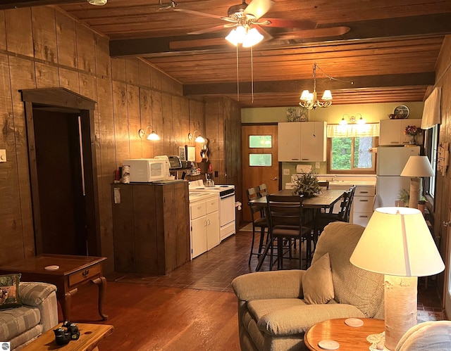 kitchen featuring dark wood-type flooring, ceiling fan with notable chandelier, beamed ceiling, wooden ceiling, and wooden walls