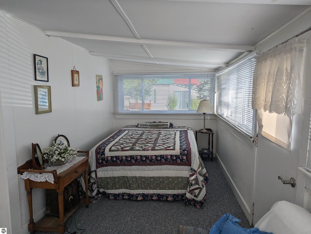 bedroom featuring dark colored carpet and vaulted ceiling