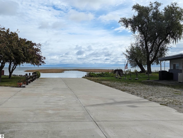 view of street with a water view