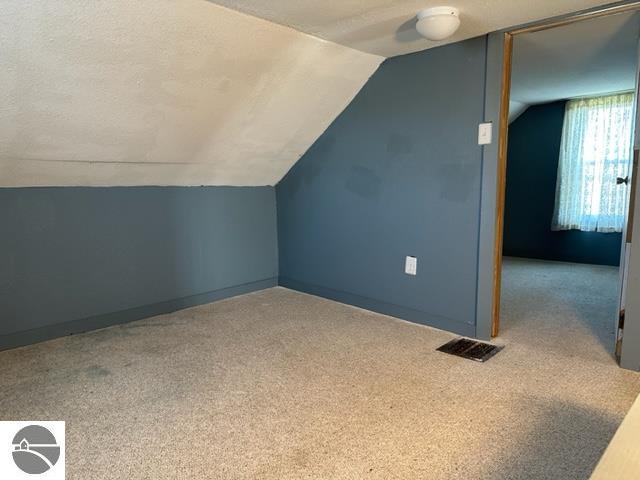 additional living space with light colored carpet, vaulted ceiling, and a textured ceiling