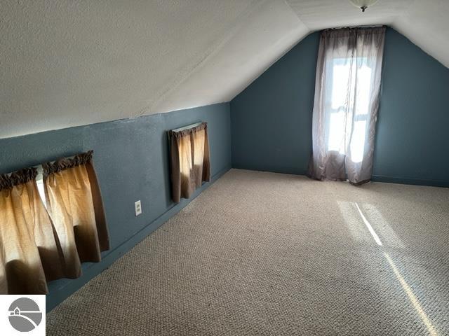 bonus room with a textured ceiling, light colored carpet, and vaulted ceiling