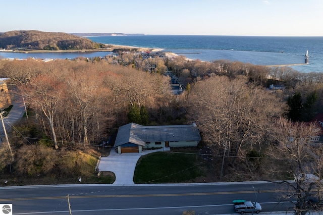 drone / aerial view featuring a water view