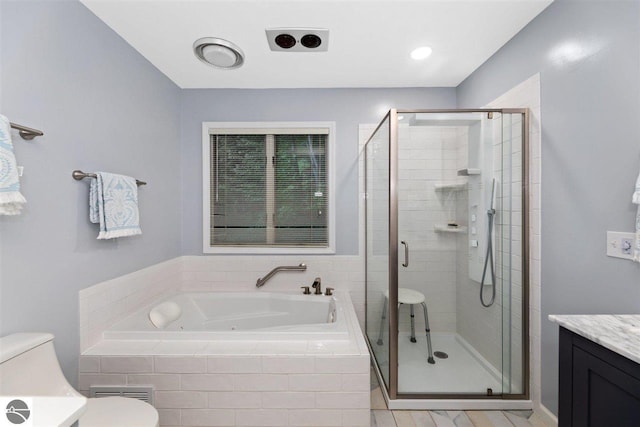 full bathroom with separate shower and tub, toilet, and vanity