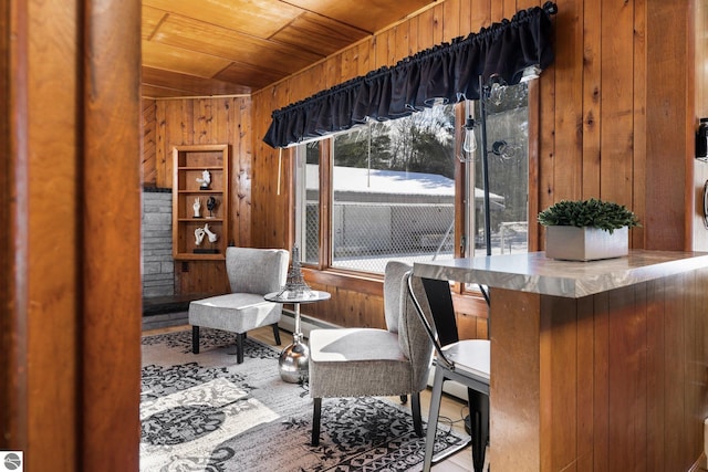 interior space featuring wood ceiling and wood walls