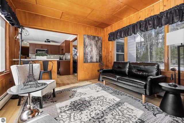 living room featuring wood ceiling and light hardwood / wood-style floors