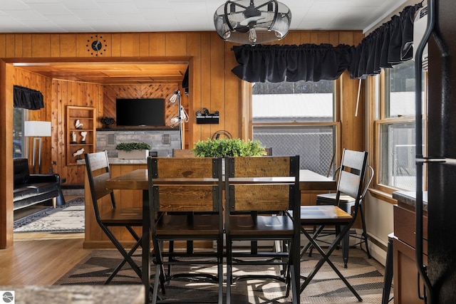 dining room with wood-type flooring, plenty of natural light, and wood walls