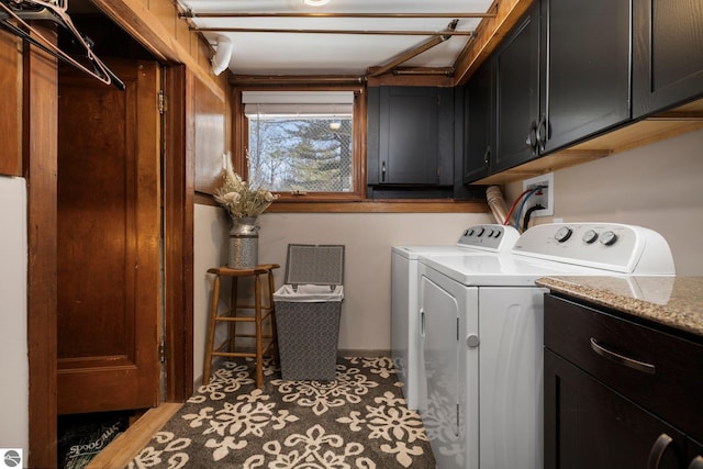 clothes washing area with hookup for a washing machine, washing machine and clothes dryer, and cabinets