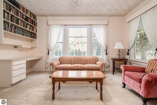 sitting room featuring a textured ceiling and light colored carpet