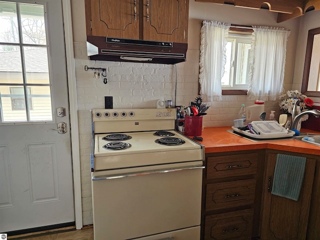 5934 Chippewa Trl, Hale, MI 48739 - kitchen with brown cabinets, light countertops, electric range, a sink, and under cabinet range hood