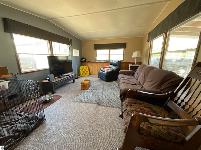 living room featuring carpet and vaulted ceiling