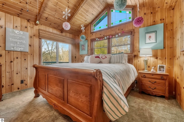 carpeted bedroom with wooden walls and wooden ceiling