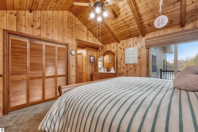 carpeted bedroom with high vaulted ceiling, beam ceiling, access to outside, wooden walls, and wood ceiling