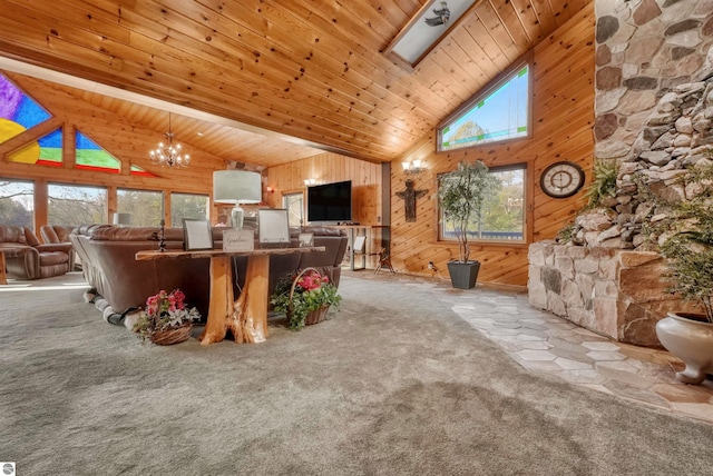 living room with high vaulted ceiling, a notable chandelier, wooden ceiling, wooden walls, and light colored carpet