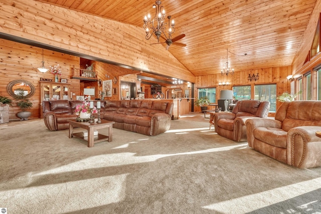 living room featuring ceiling fan with notable chandelier, high vaulted ceiling, wood ceiling, and light carpet