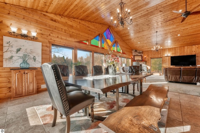 dining room featuring a wealth of natural light, high vaulted ceiling, wooden walls, and wooden ceiling