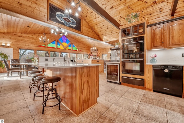 kitchen with wooden ceiling, light tile patterned floors, and black appliances