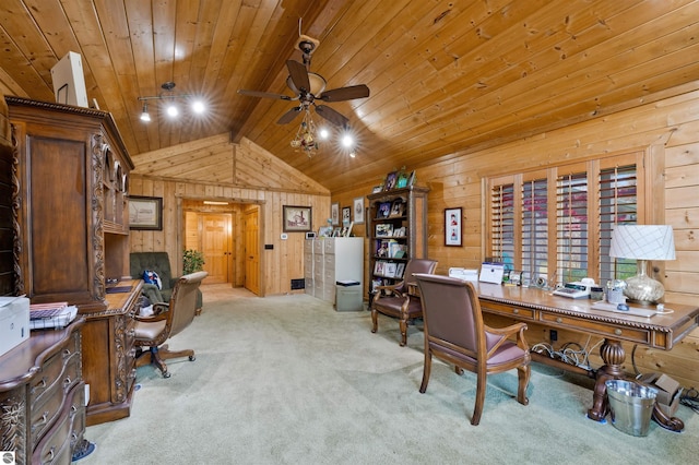 carpeted office with wood ceiling, wooden walls, ceiling fan, and vaulted ceiling